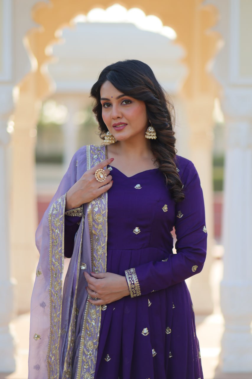 Purple Designer Georgette With Embroidery Zari Sequins Work Gown