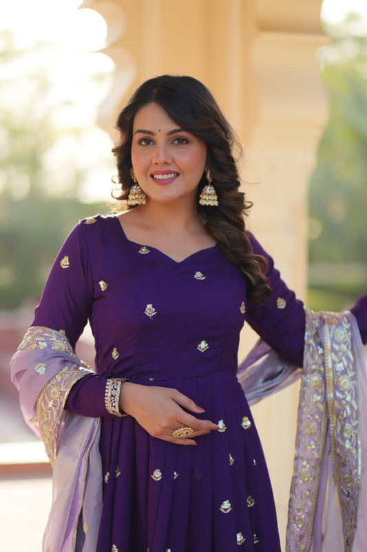 Purple Designer Georgette With Embroidery Zari Sequins Work Gown