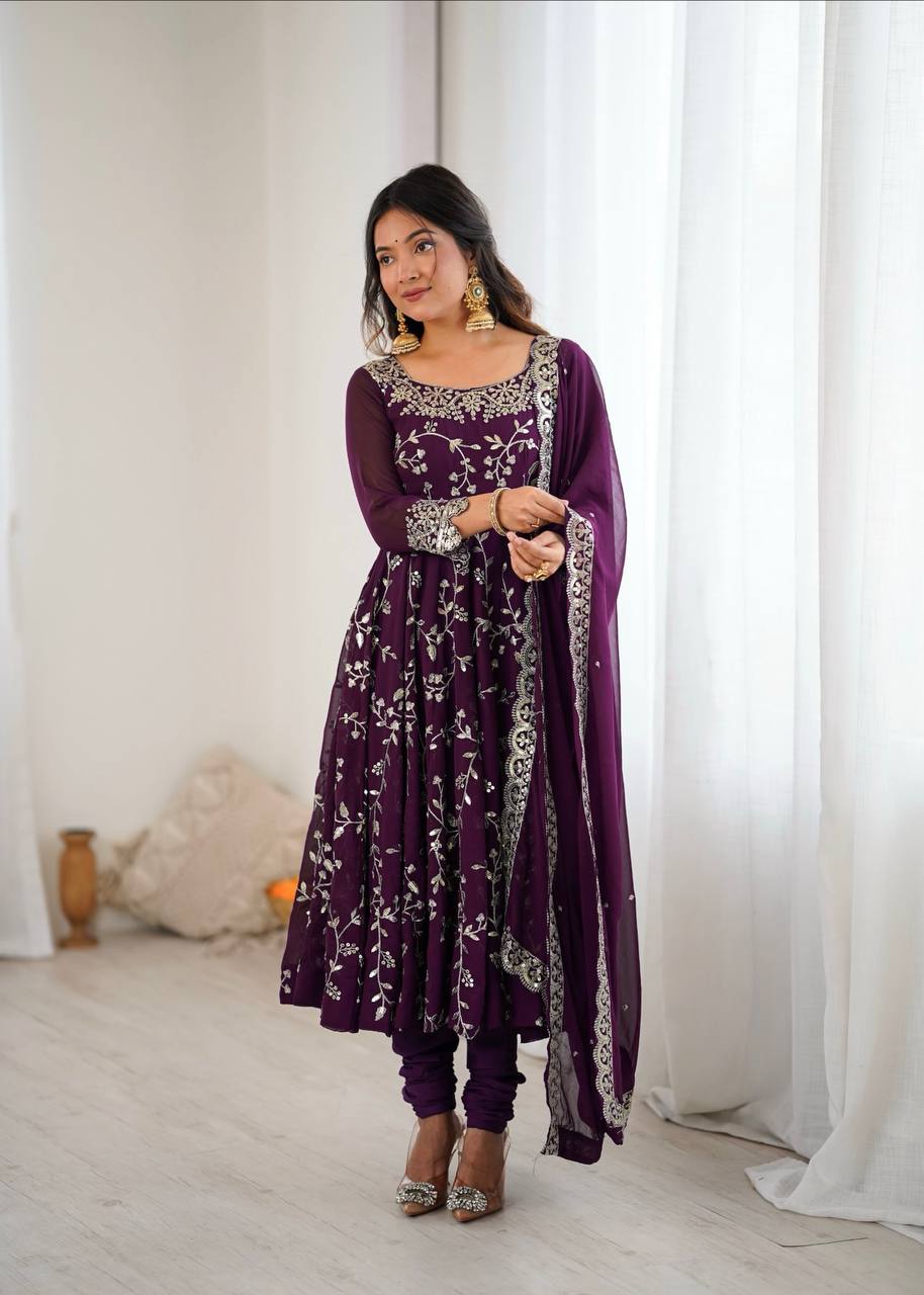 Wine Georgette Embroidery Sequence Work Fully Flair Anarkali Salwar Suit