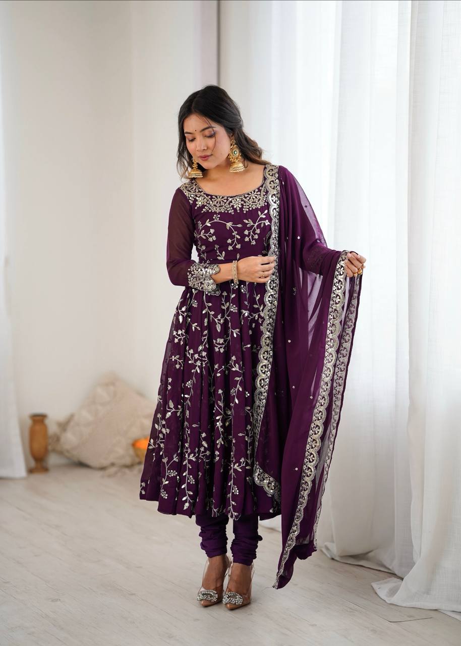 Wine Georgette Embroidery Sequence Work Fully Flair Anarkali Salwar Suit