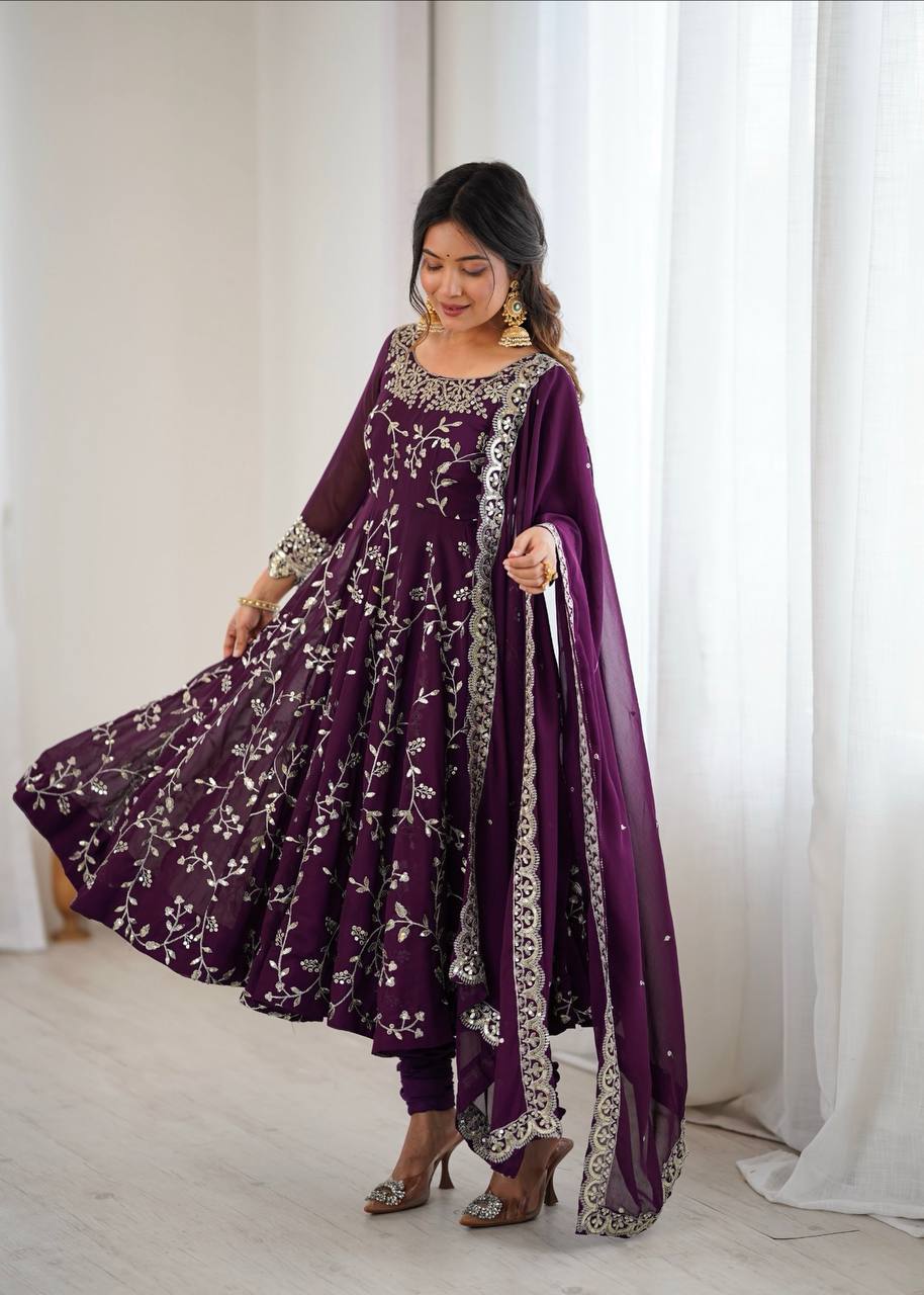 Wine Georgette Embroidery Sequence Work Fully Flair Anarkali Salwar Suit