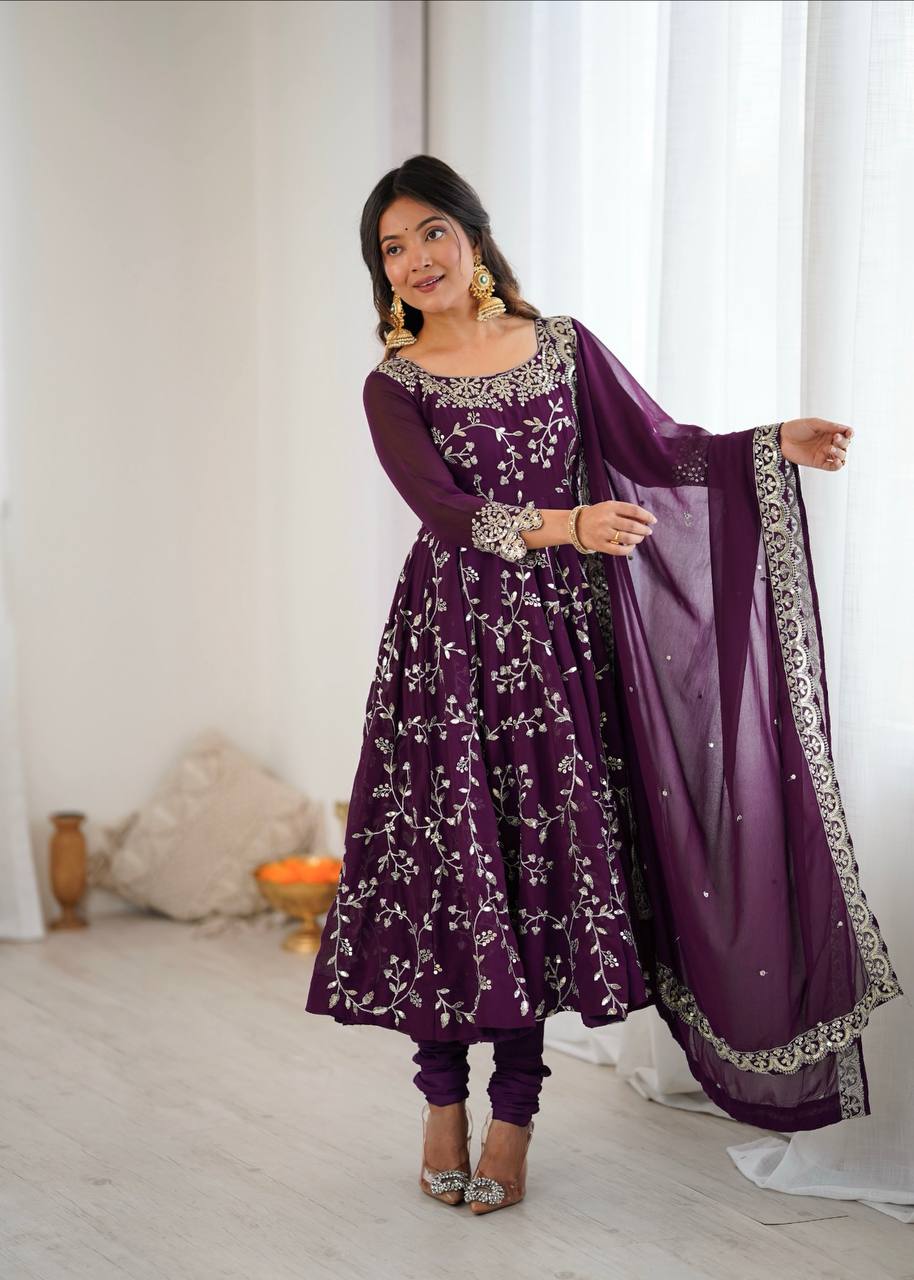Wine Georgette Embroidery Sequence Work Fully Flair Anarkali Salwar Suit