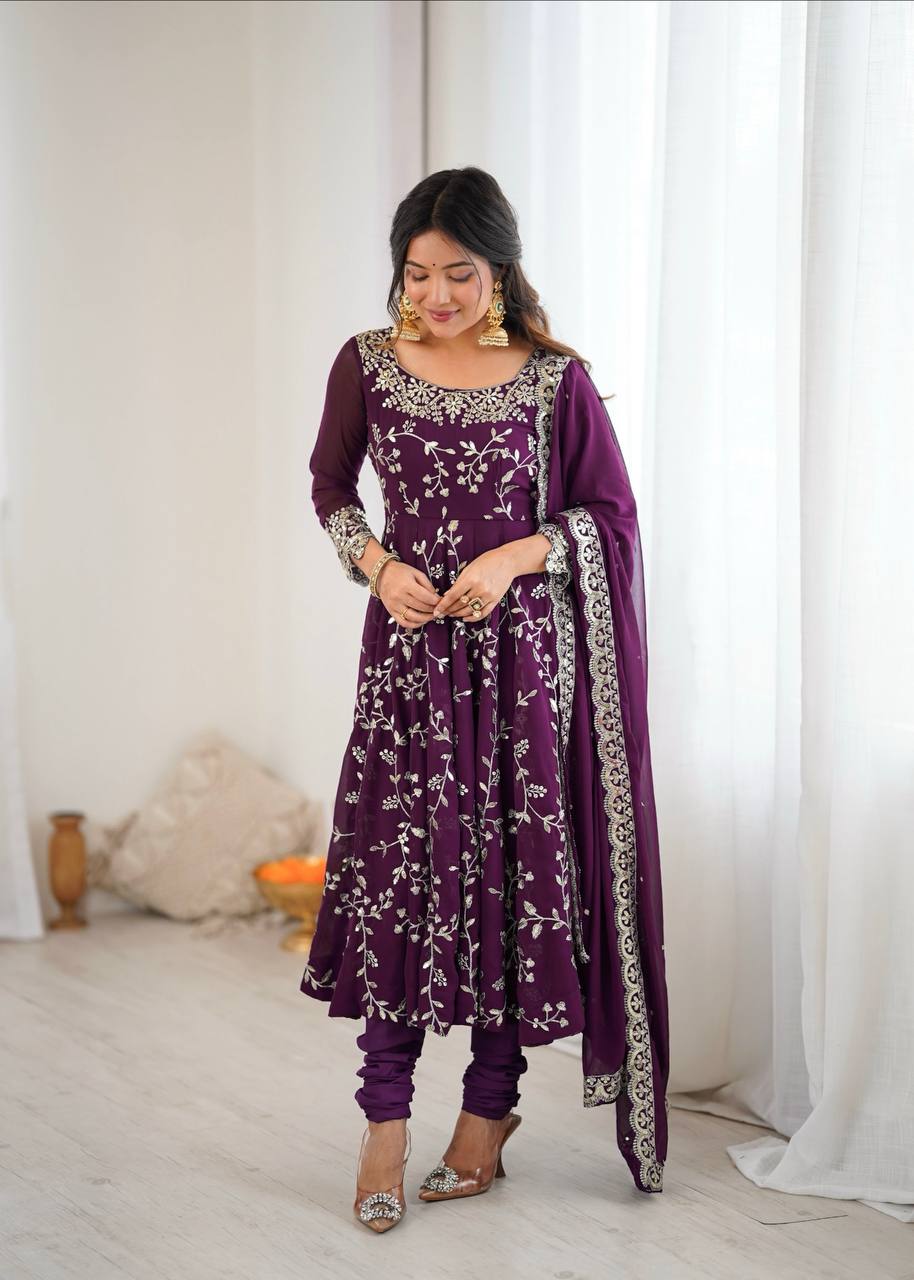 Wine Georgette Embroidery Sequence Work Fully Flair Anarkali Salwar Suit