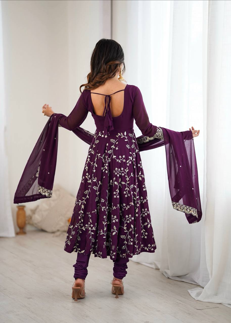 Wine Georgette Embroidery Sequence Work Fully Flair Anarkali Salwar Suit