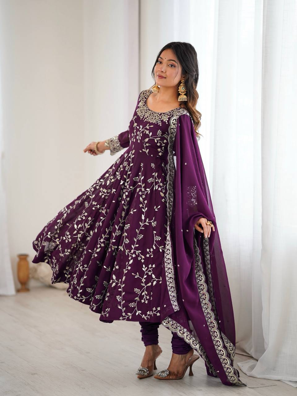 Wine Georgette Embroidery Sequence Work Fully Flair Anarkali Salwar Suit