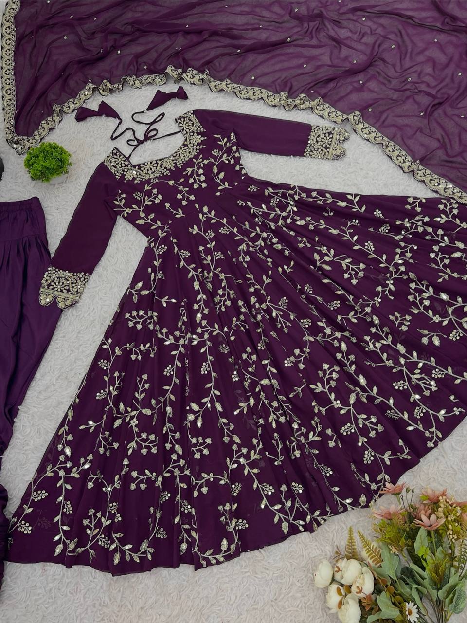 Wine Georgette Embroidery Sequence Work Fully Flair Anarkali Salwar Suit