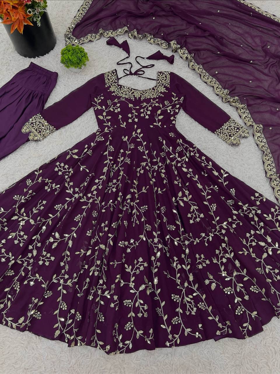 Wine Georgette Embroidery Sequence Work Fully Flair Anarkali Salwar Suit