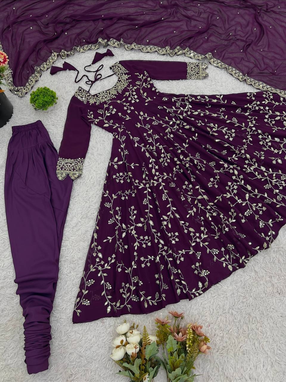 Wine Georgette Embroidery Sequence Work Fully Flair Anarkali Salwar Suit