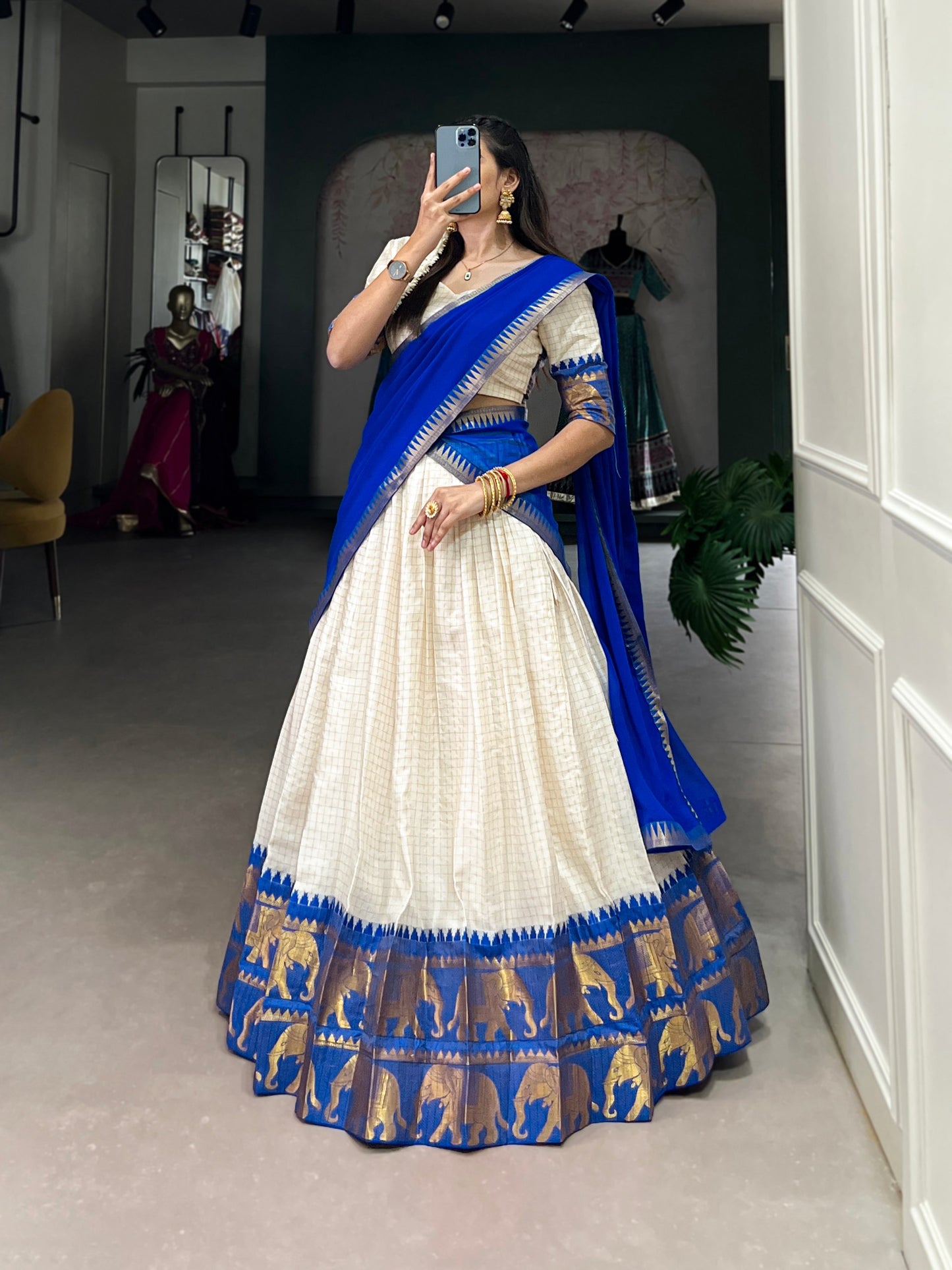 Royal Blue Poly Cotton Chex With Zari Weaving Work Lehenga With Flowing Georgette Dupatta