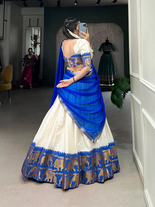 Royal Blue Poly Cotton Chex With Zari Weaving Work Lehenga With Flowing Georgette Dupatta