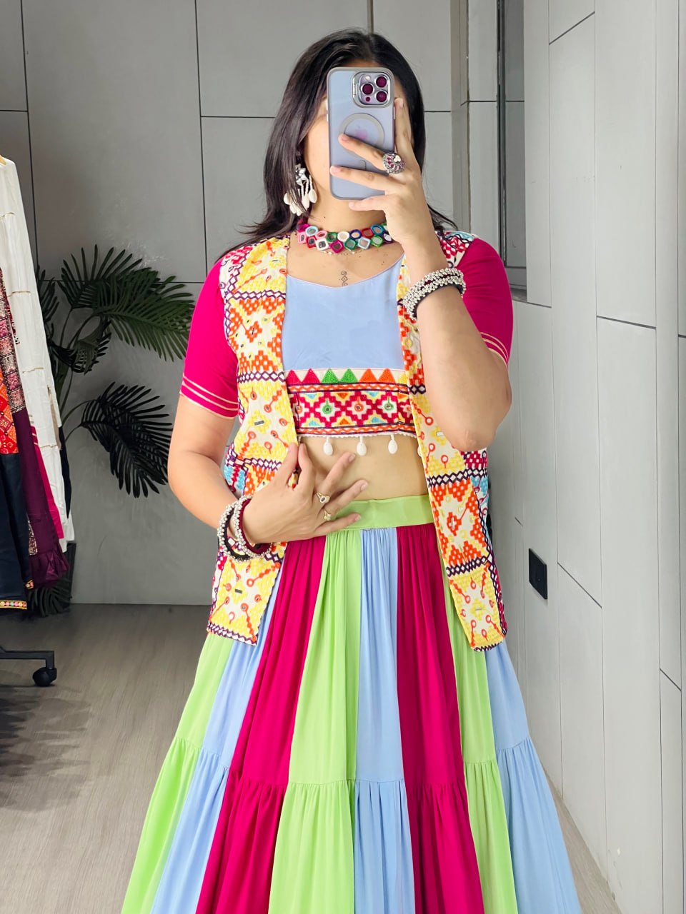 Multicolor Pure Rayon Cotton Tiered Frilled Kali Navratri Lehenga Choli Set with Koti