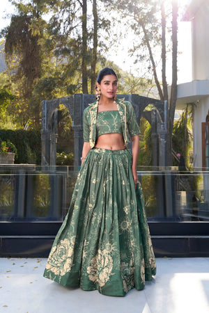 Elegant Olive Green Tasar Silk Floral Print Lehenga with Heavy Can-Can Flair by The Beauty Queen Surat