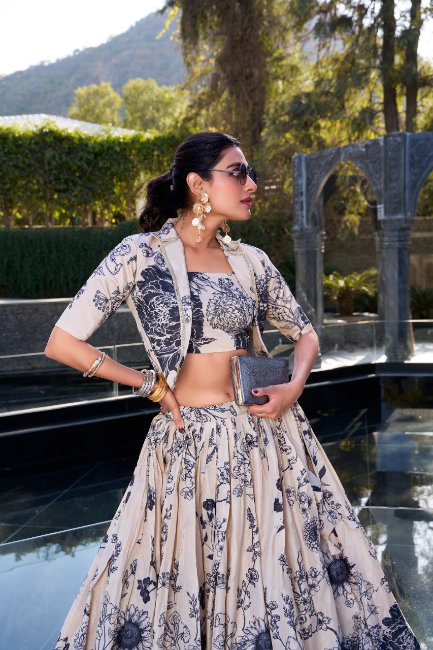Cream Tasar Silk Floral Print Lehenga – Fully Stitched with Canvas & Can-Can for Grand Flair