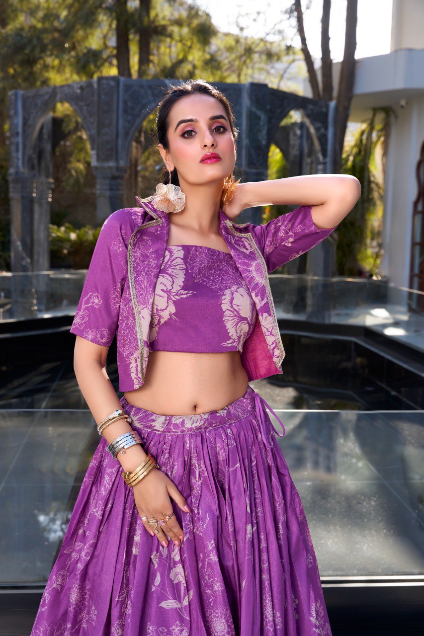Purple Tasar Silk Floral Print Lehenga Choli - Stitched with Canvas & Can-Can for Extra Flair