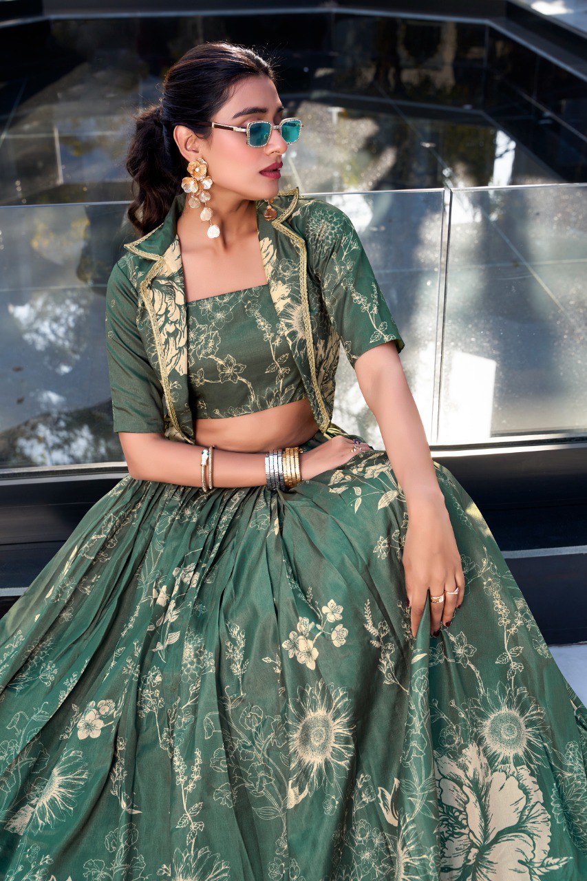 Olive Green Tasar Silk Floral Print Lehenga Choli - Stitched with Canvas & Can-Can for Extra Flair