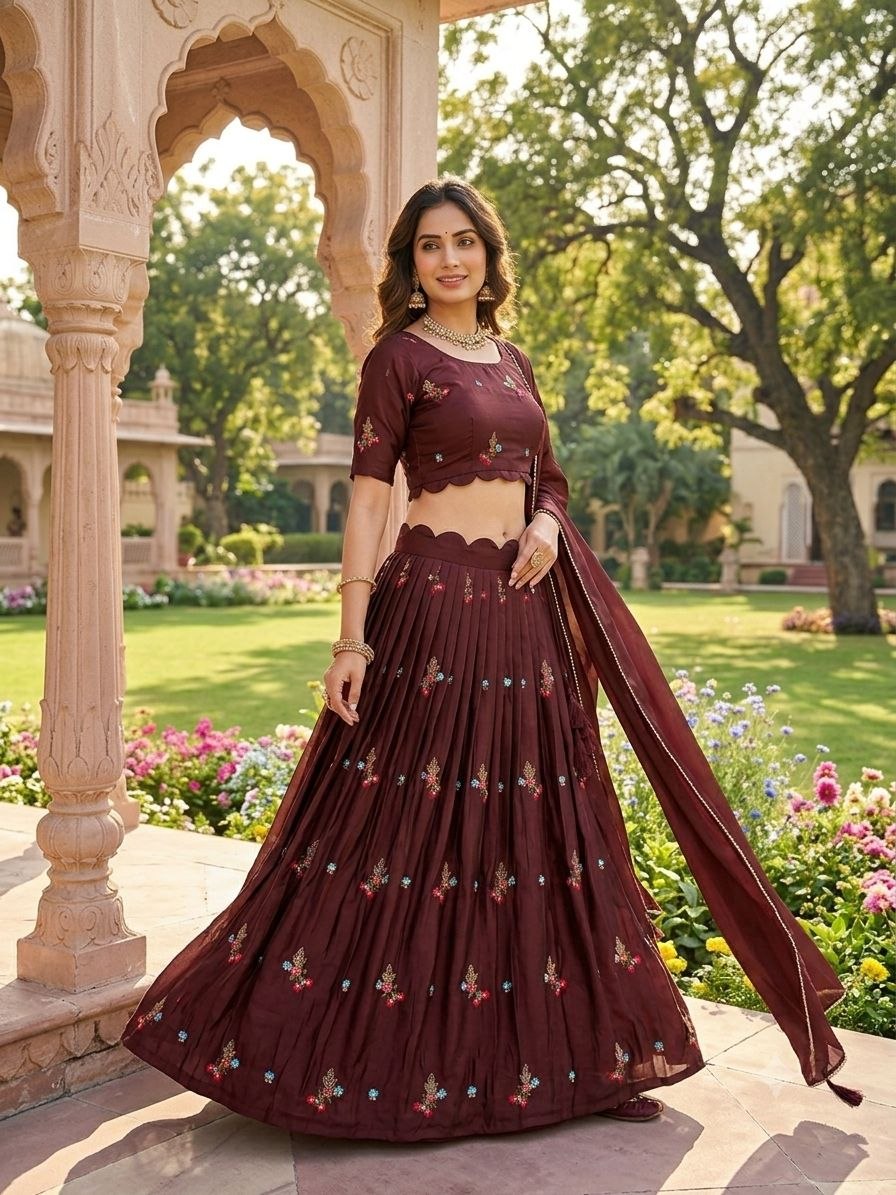 Chocolate Brown Rangoli Silk Embroidery Work Fully Stitched Lehenga Choli Set