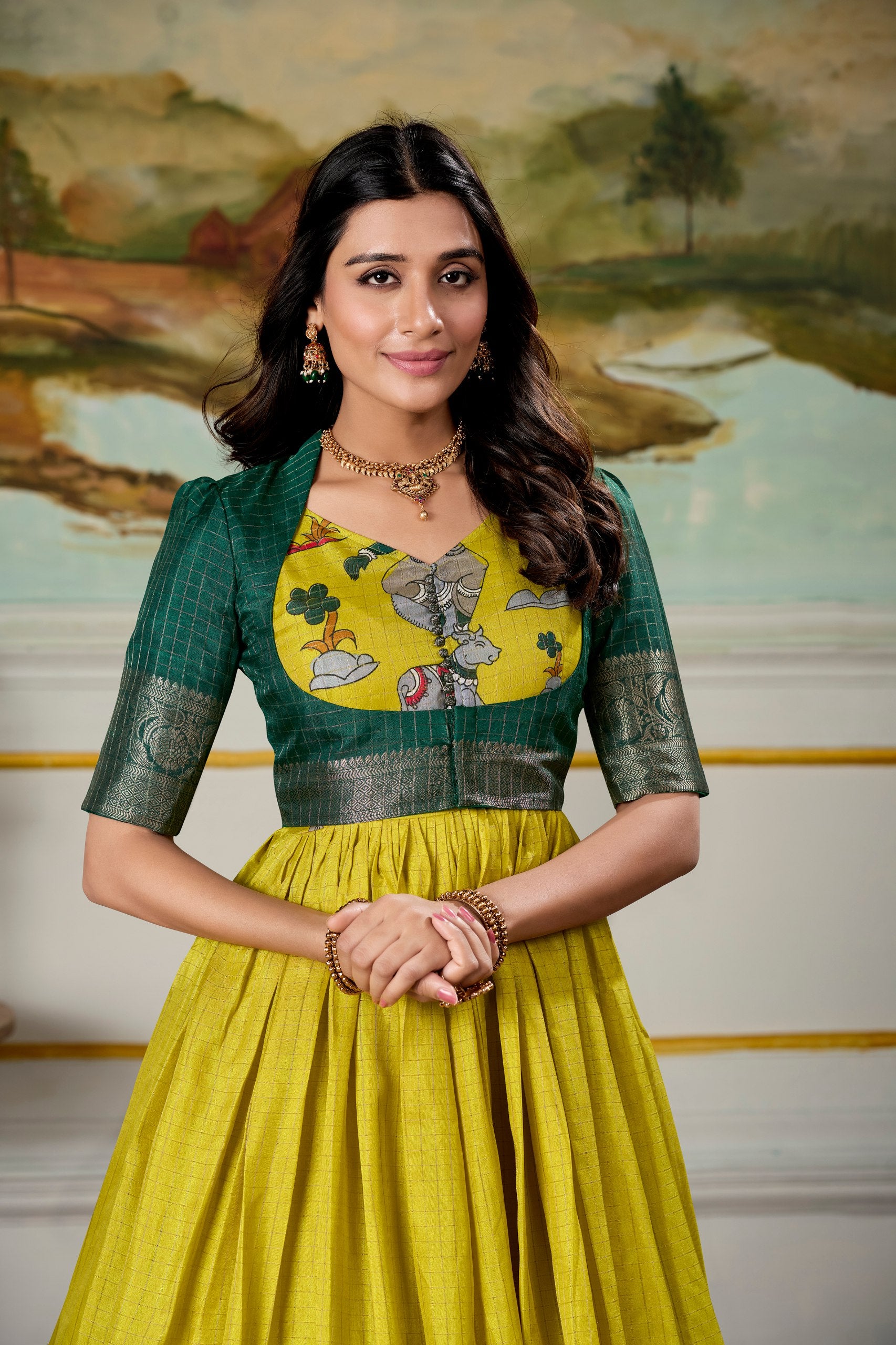 Parrot Dola Silk Kalamkari Print With Zari Weaving Broder Work Gown With Koti