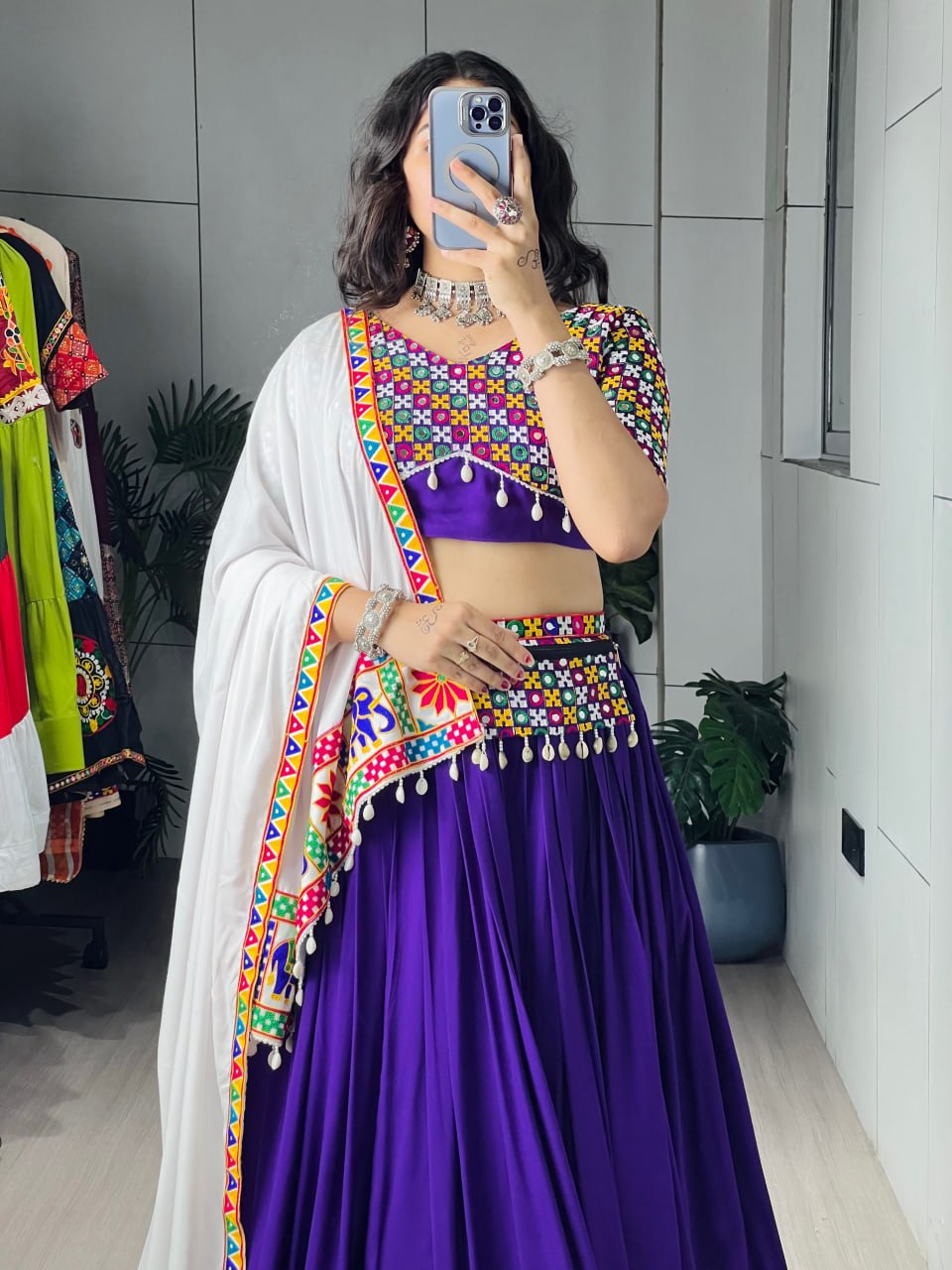 Purple Pure Rayon Cotton Gamthi Patch & Mirror Work Navratri Lehenga Choli Set