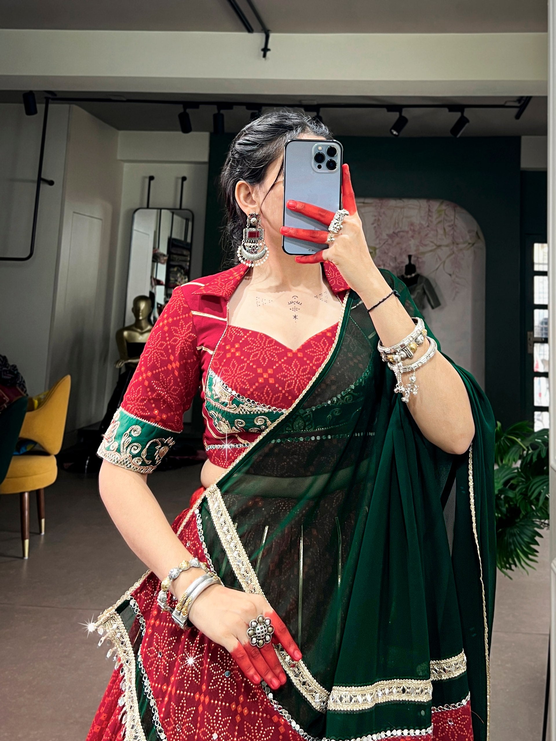 Traditional Brick Red & Bottle Green Georgette Fabric With Bandhej Foil Print, Embossed Design Lace Navratri Chaniya Choli Set