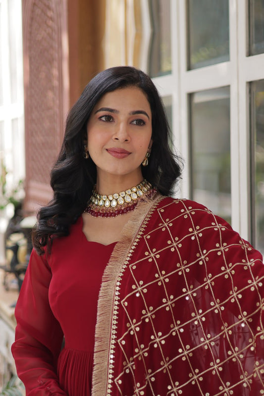 Maroon Faux Blooming With Embroidery Zari Sequins Work Gown