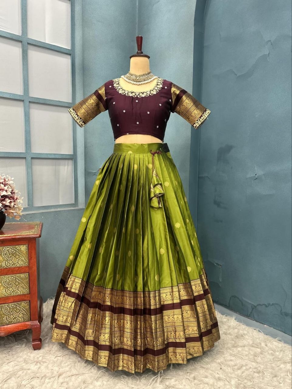 Olive Green & Maroon Kanjiveram Silk Jacquard Border Fully Stitched Half Saree Set | Canvas Patta