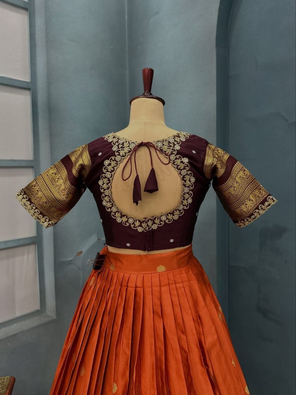 Orange & Dark Brown Kanjiveram Silk Jacquard Border Fully Stitched Half Saree Set | Canvas Patta