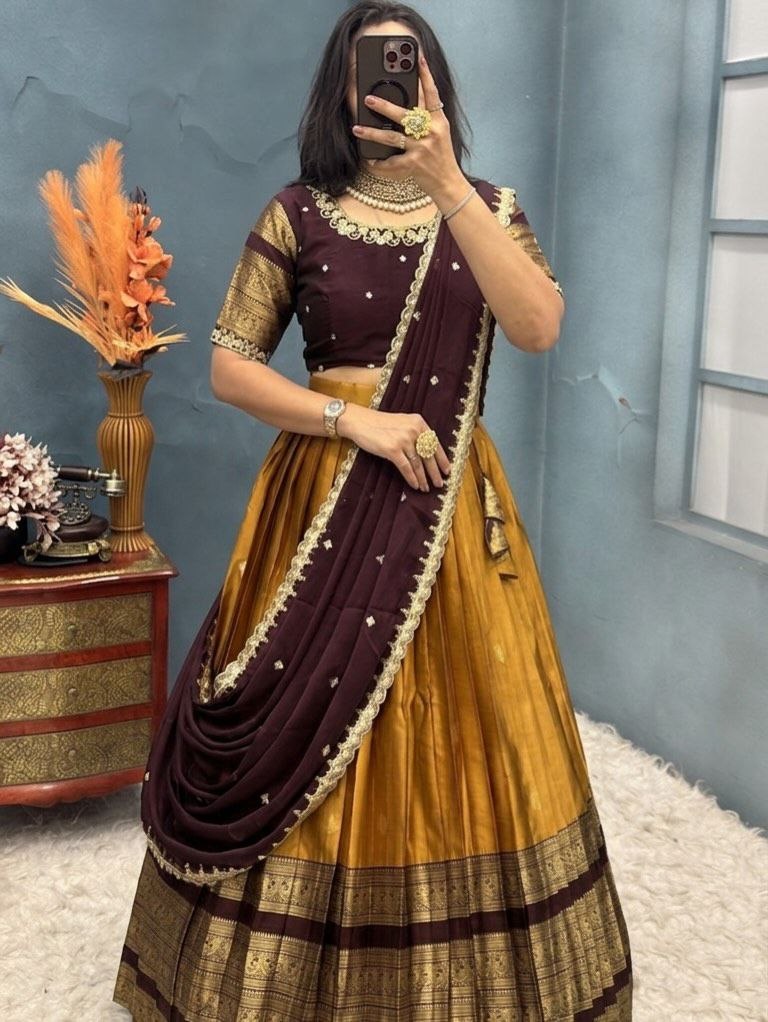 Mustard Yellow & Maroon Kanjiveram Silk Jacquard Border Fully Stitched Half Saree Set | Canvas Patta