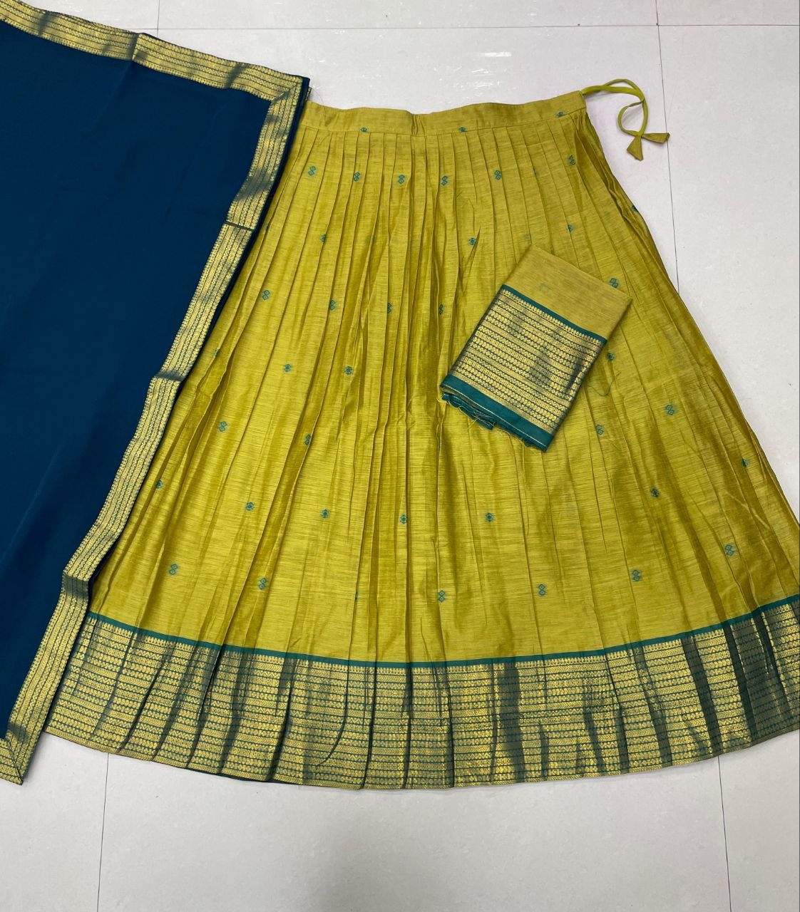 Mustard Yellow & Peacock Blue Kanci Cotton Silk Zari Weaving Work South Indian Half Saree Lehenga Choli Set