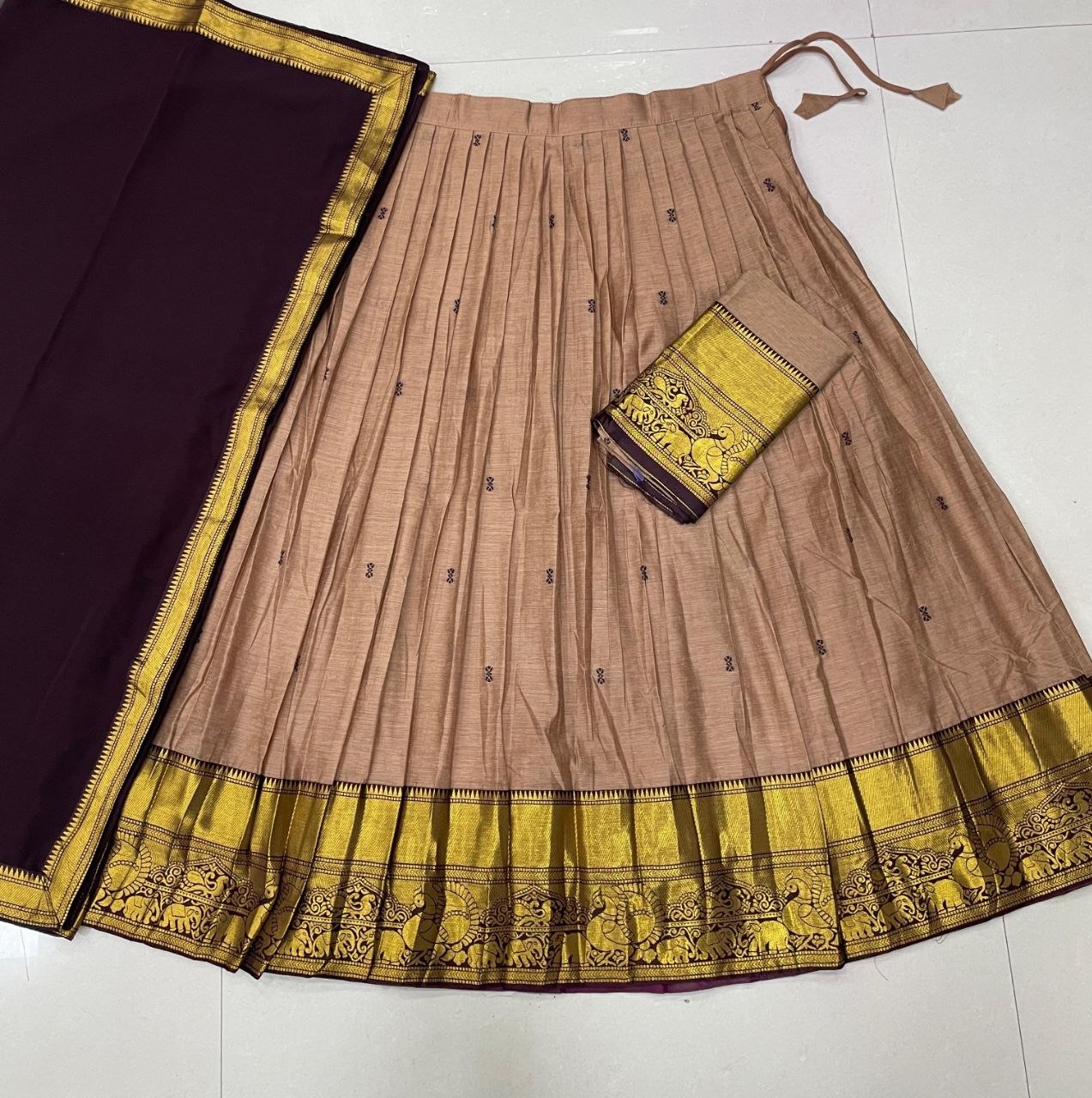 Beige & Dark Wine Purple Kanci Cotton Silk Zari Weaving Work South Indian Half Saree Lehenga Choli Set