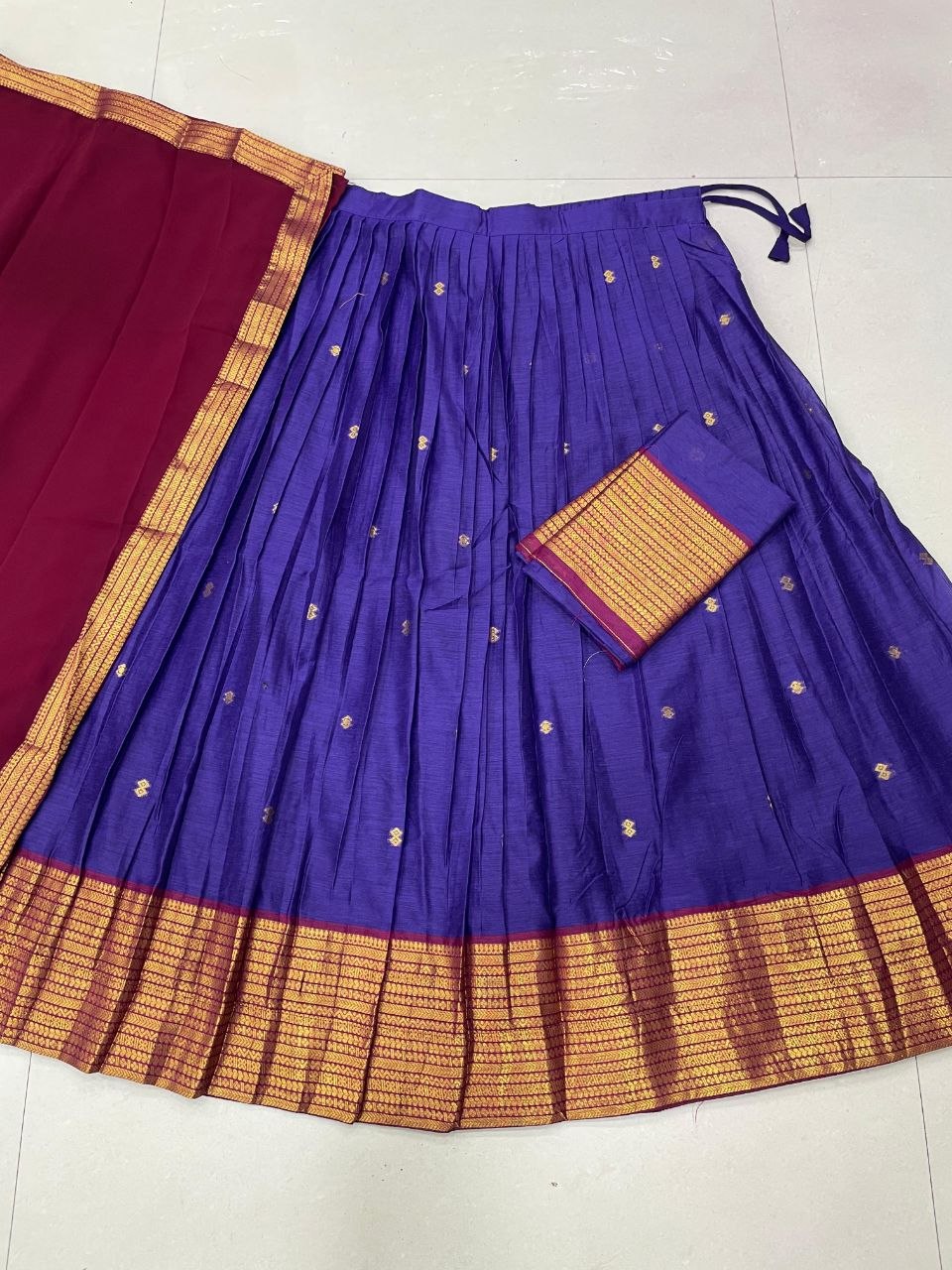 Royal Purple & Maroon Kanci Cotton Silk Zari Weaving Work South Indian Half Saree Lehenga Choli Set
