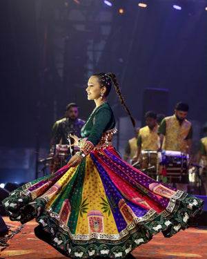 Traditional Gujarati Navratri chaniya choli multicolour twirl with mirror work for garba