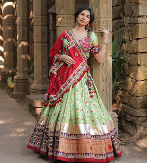 Navratri lehenga pista green muslin cotton with multicolour Kutchi patch border