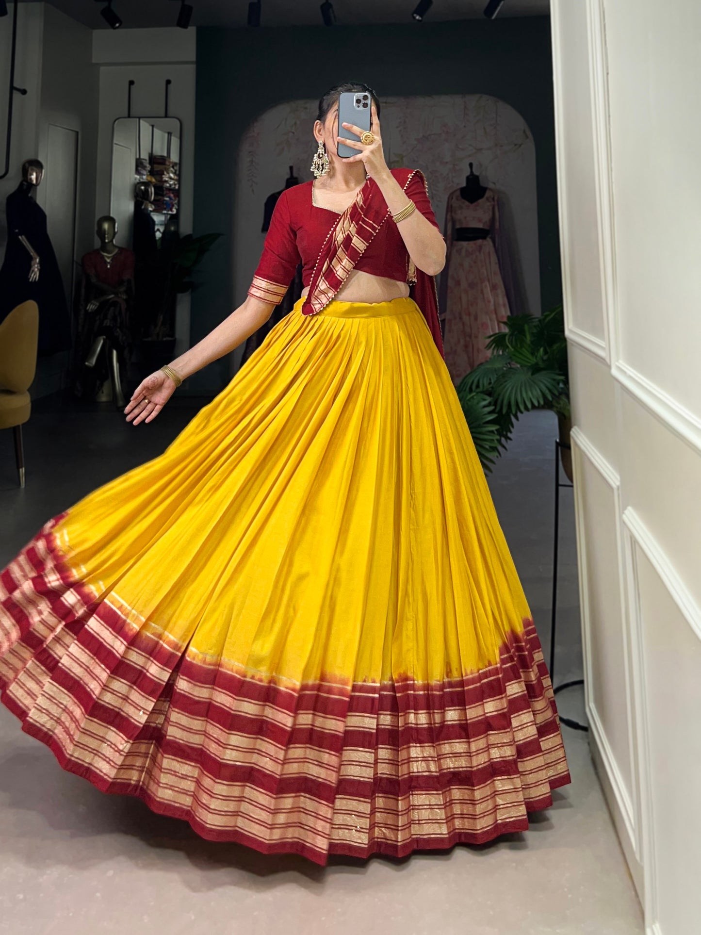 Yellow Pure Chanderi Plain With Zari Weaving Work Border Work Lehenga Choli