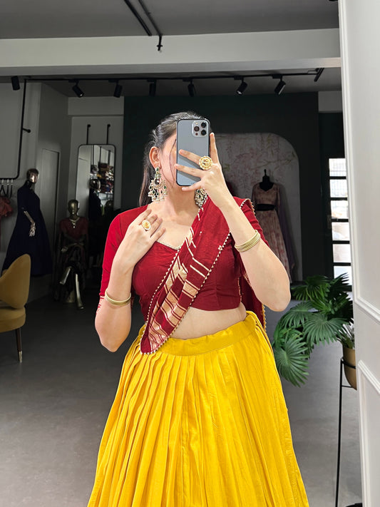 Yellow Pure Chanderi Plain With Zari Weaving Work Border Work Lehenga Choli