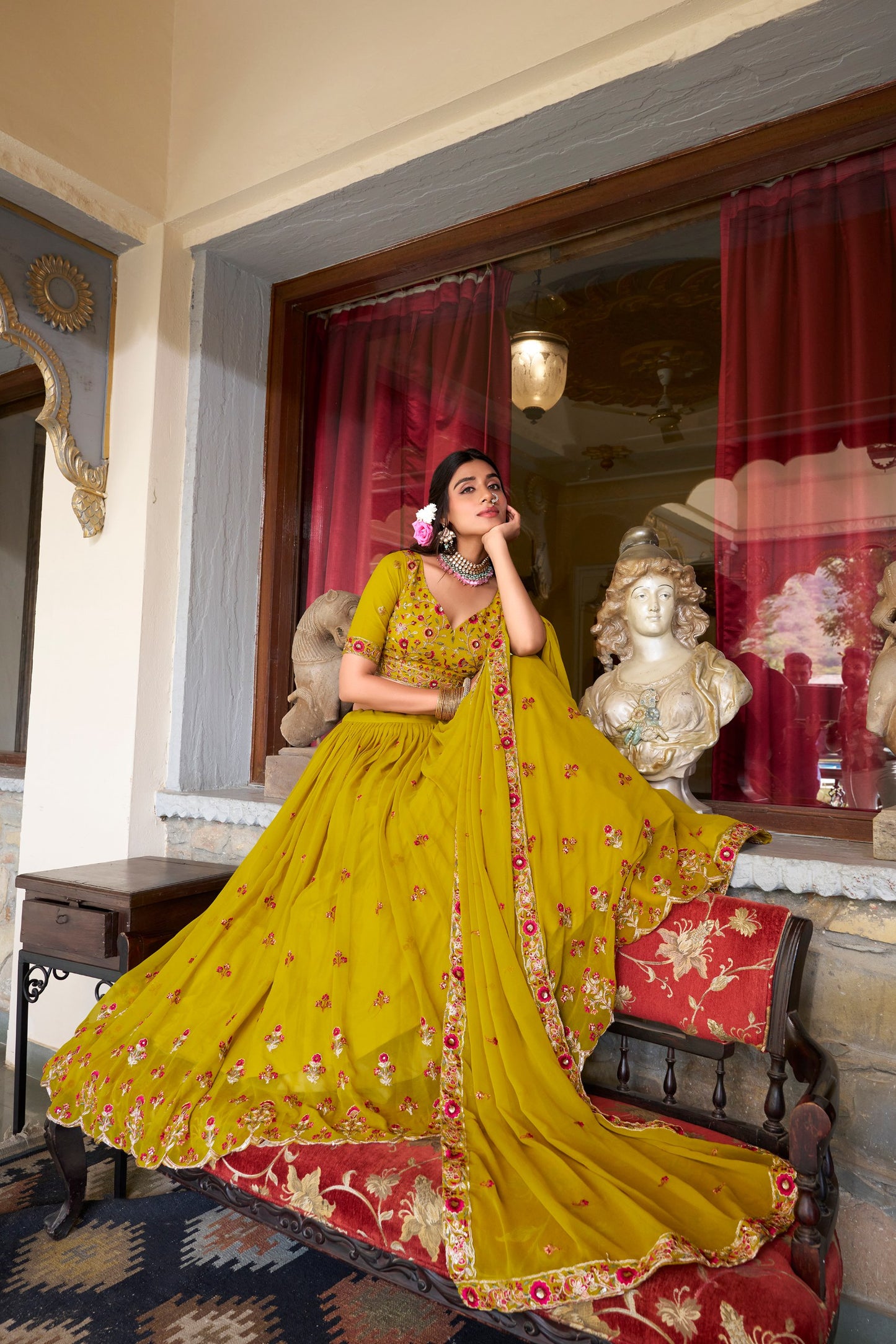 Musterd Georgette Sequins And Thread Embroidery Work Lehenga Choli