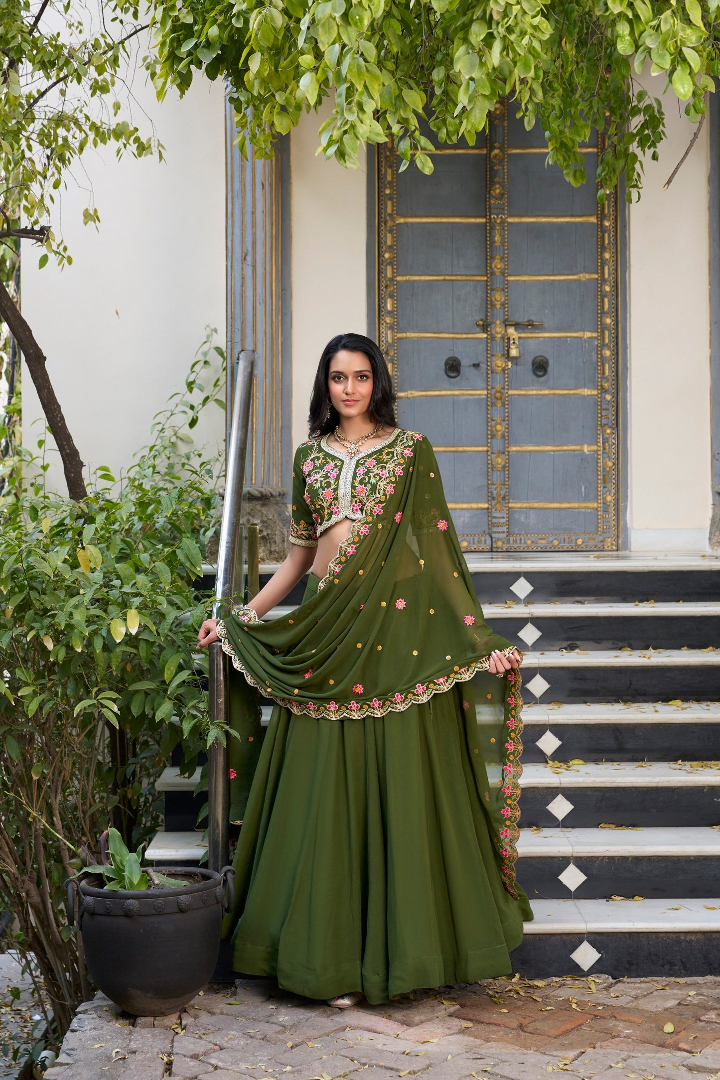 Mehandi Georgette Plain Sequins And Thread Embroidery Work Lehenga Choli