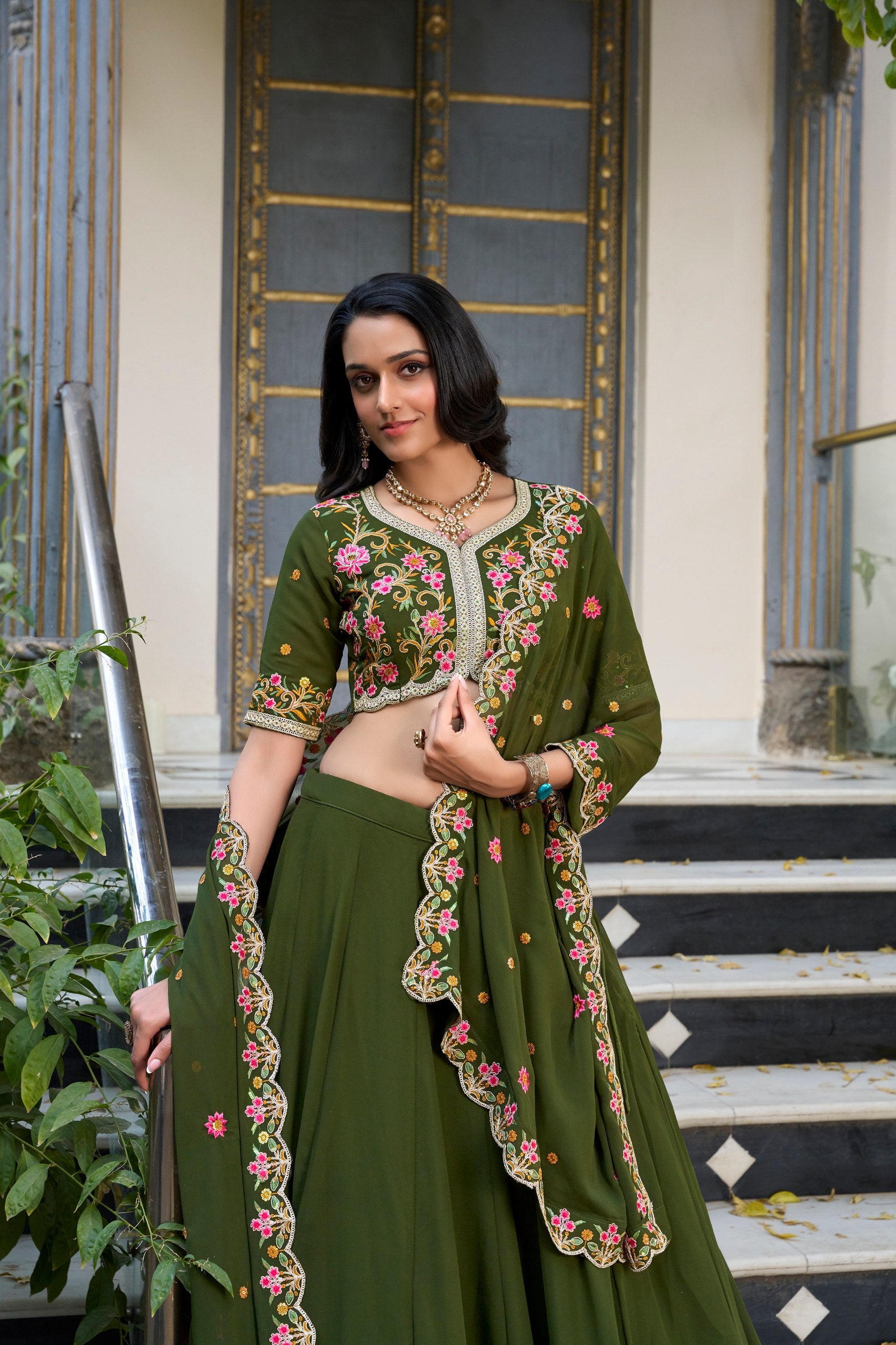 Mehandi Georgette Plain Sequins And Thread Embroidery Work Lehenga Choli