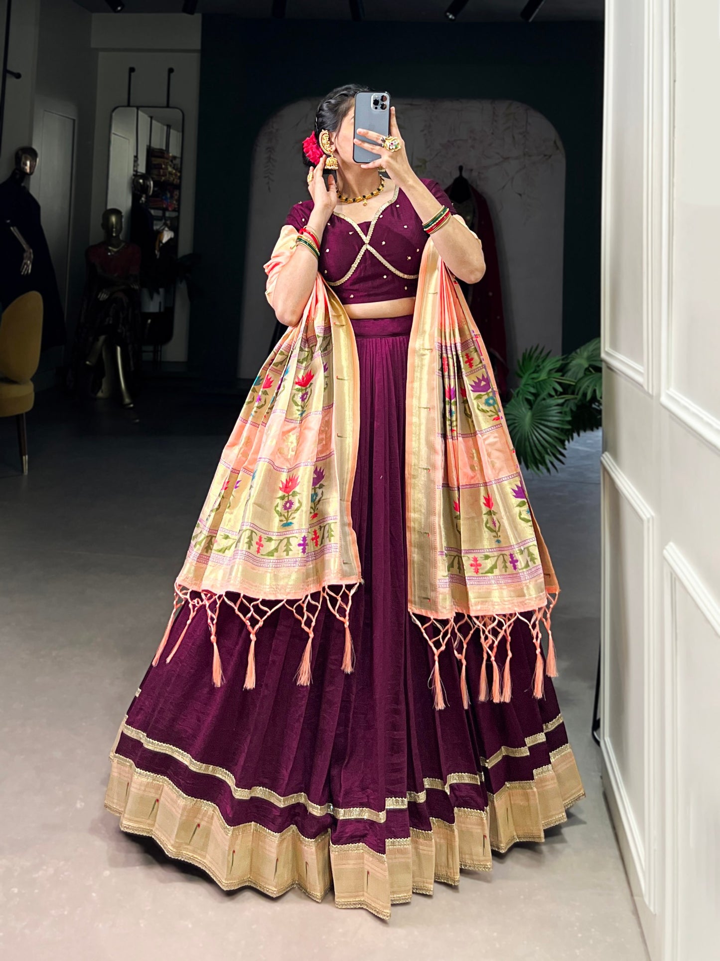 Wine Vichitra Silk Plain With Paithni Lace Border Work Lehenga Choli