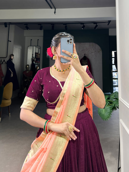 Wine Vichitra Silk Plain With Paithni Lace Border Work Lehenga Choli