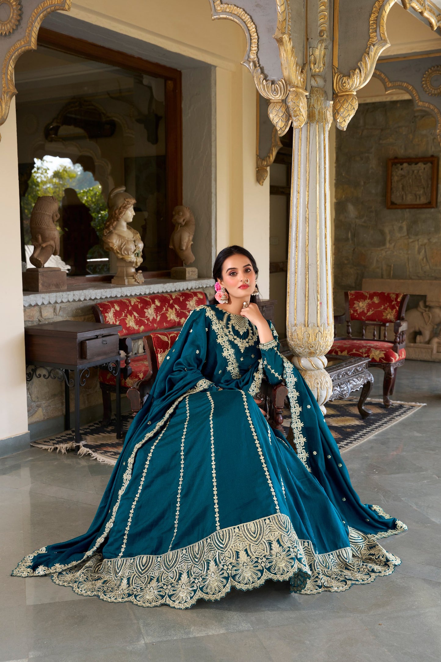 Firozi Vichitra Silk Sequins And Thread Embroidery Work Lehenga Choli