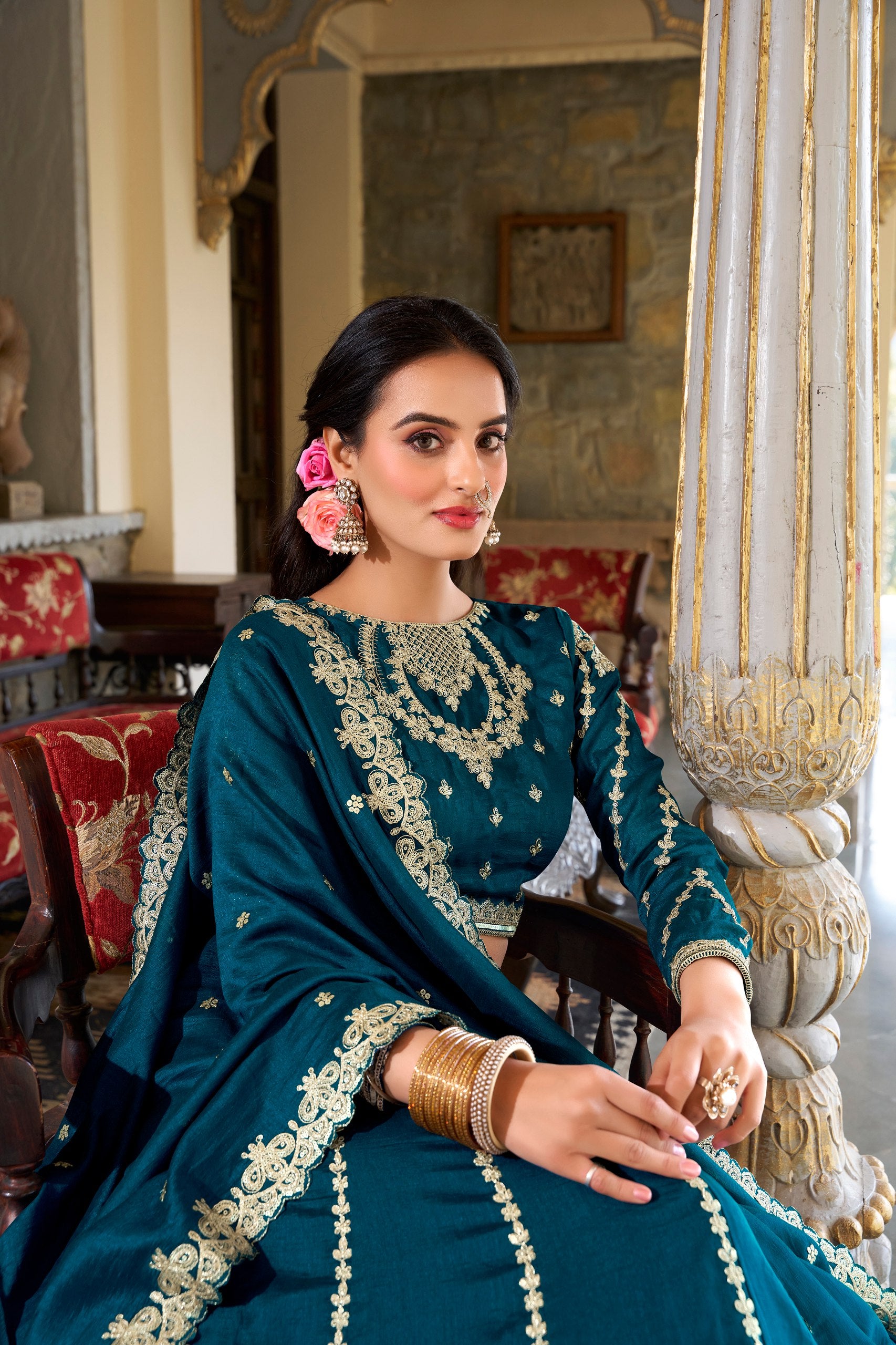 Firozi Vichitra Silk Sequins And Thread Embroidery Work Lehenga Choli