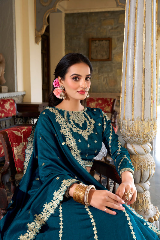 Firozi Vichitra Silk Sequins And Thread Embroidery Work Lehenga Choli