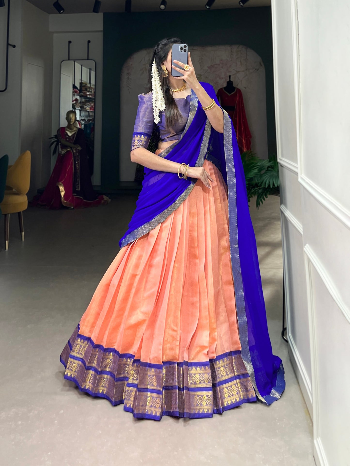 Peach Kanchipuram Zari Weaving Work Lehenga Choli