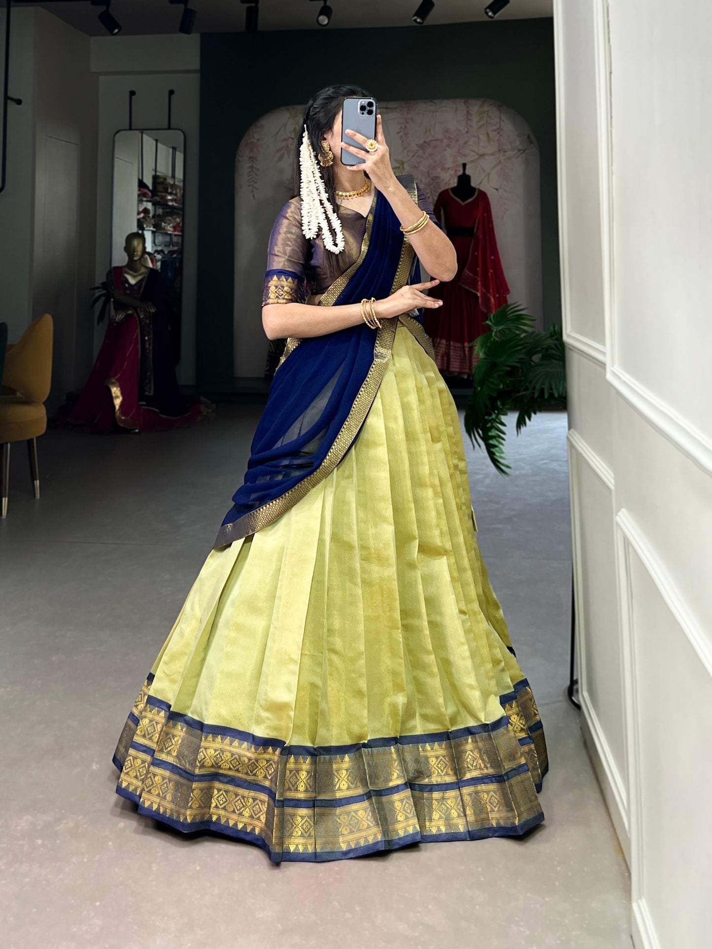 Pista Kanchipuram Zari Weaving Work Lehenga Choli