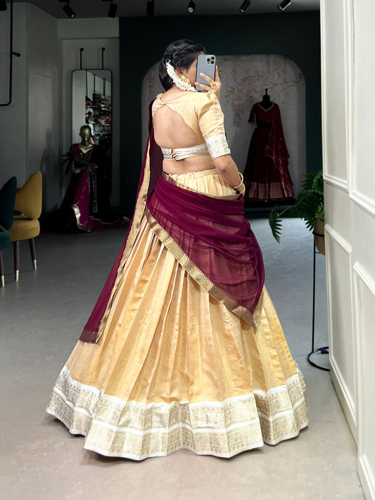 Cream Kanchipuram Zari Weaving Work Lehenga Choli