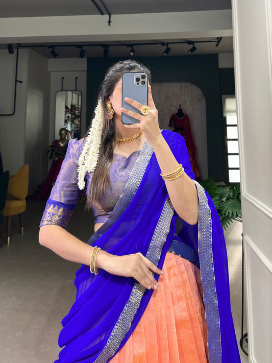 Peach Kanchipuram Zari Weaving Work Lehenga Choli