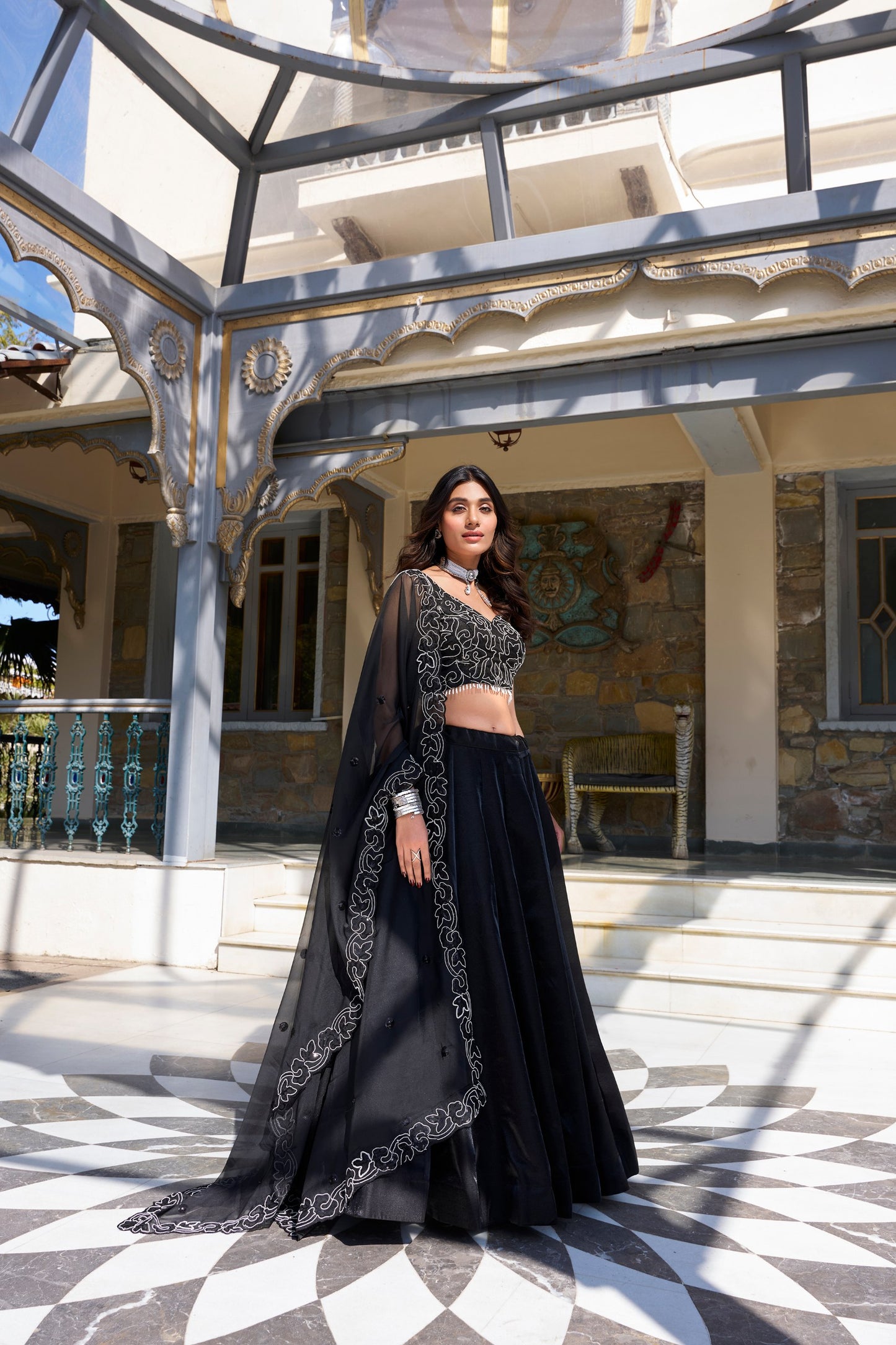 Black Star Satin Plain Sequins Embroidery Work Lehenga Choli