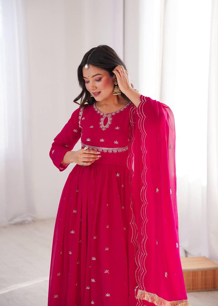 Rani Pink Georgette Flared Anarkali Suit with Intricate Sequence & Thread Embroidery