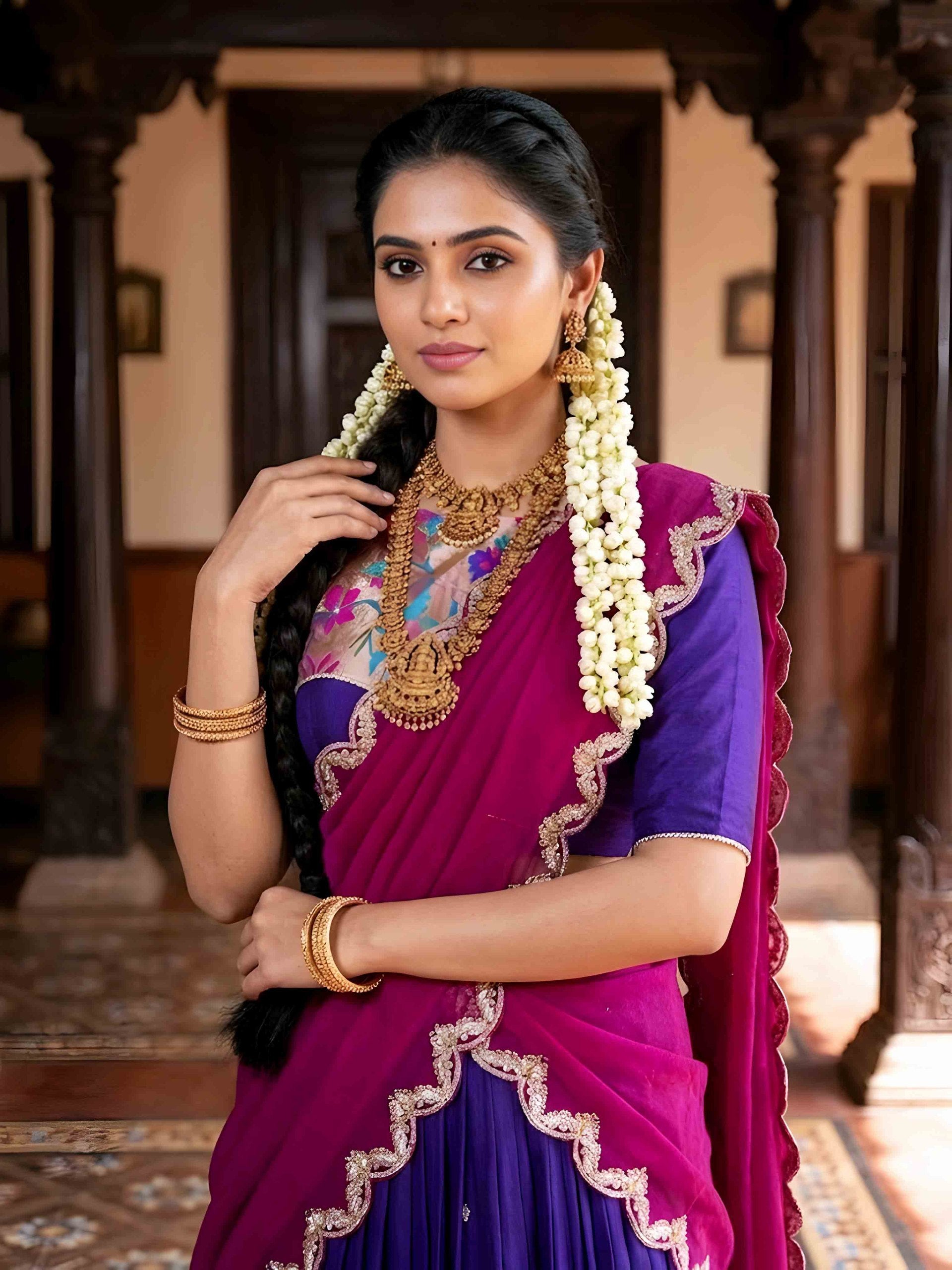 Purple & Rani Pink Naysha Silk Lehenga Choli with Sequins & Embroidered Scallop Border