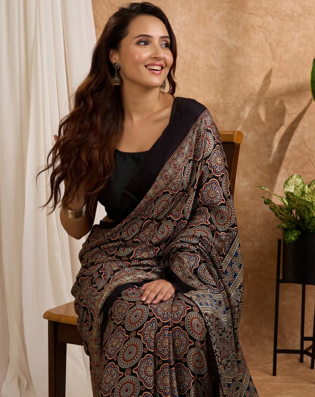 Black Semi Gajji Ajrakh Rich Pallu With Contrast Blouse Saree